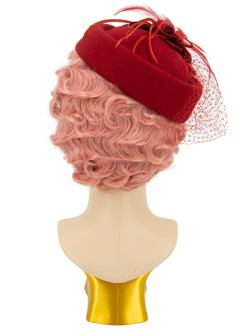 Red Vintage Style Feather Trim Pillbox Hat