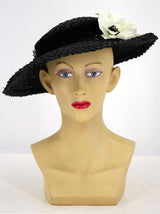Vintage 1940s Black Raffia Hat with White Floral Decor