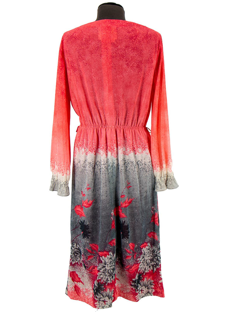 Vintage Coral & Grey Floral Cowl Neck Dress