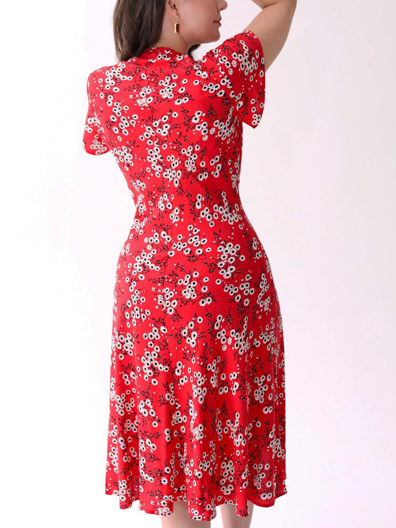 1940s Look Red & Black Floral Tea Dress