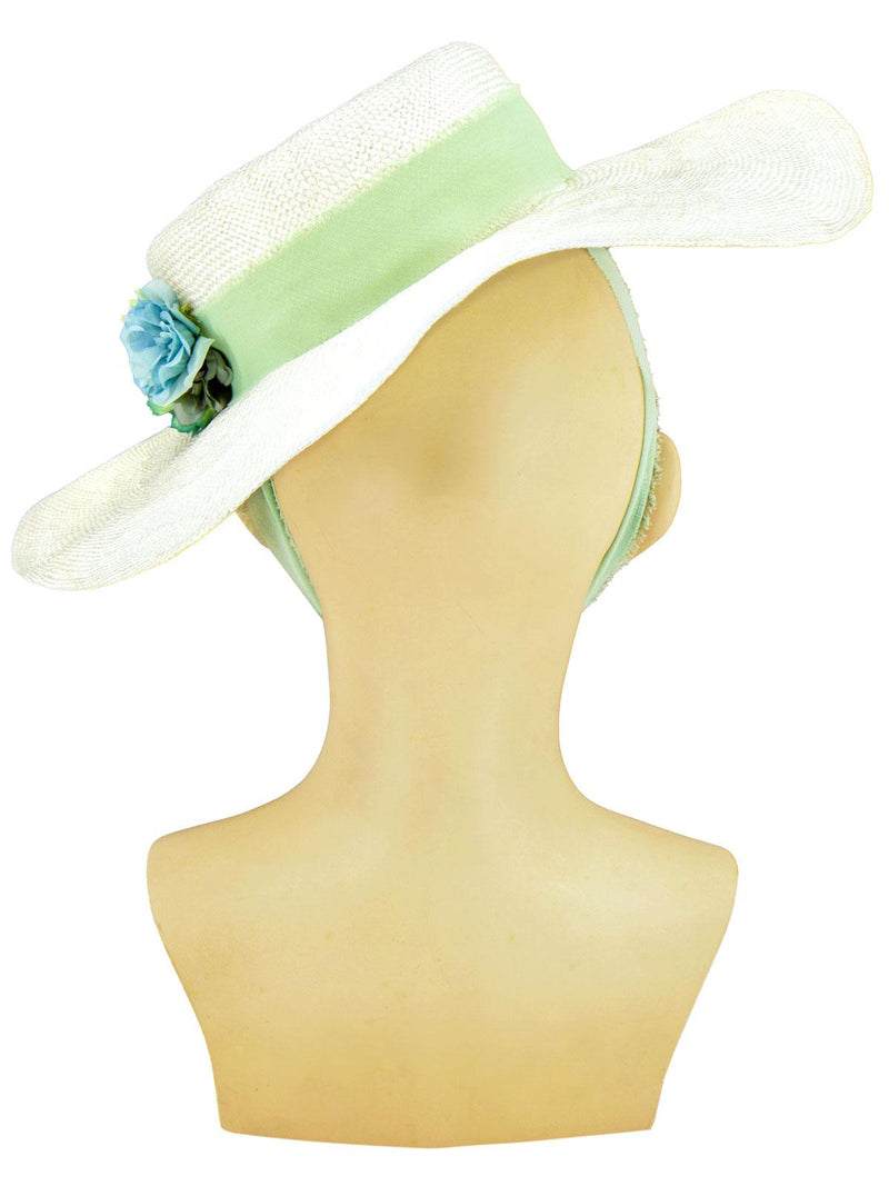 White 1940s Straw Boater Picture Hat Floral Trim
