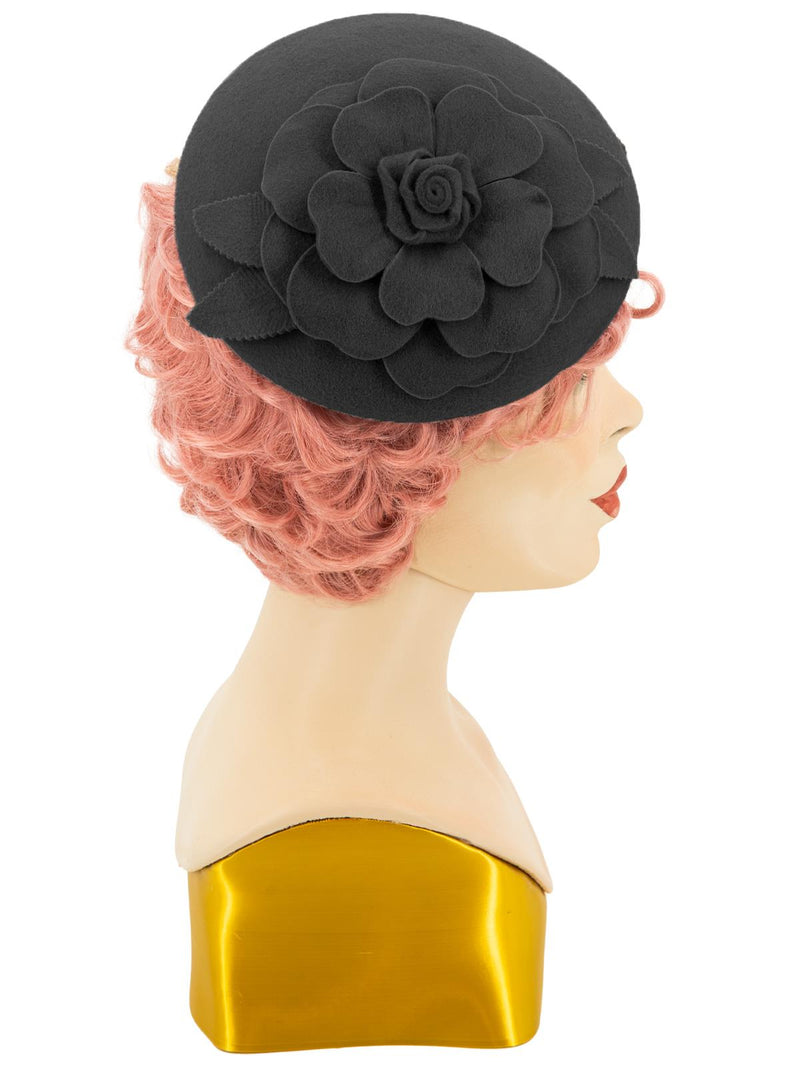 Black Vintage Style Felt Flower Button Hat