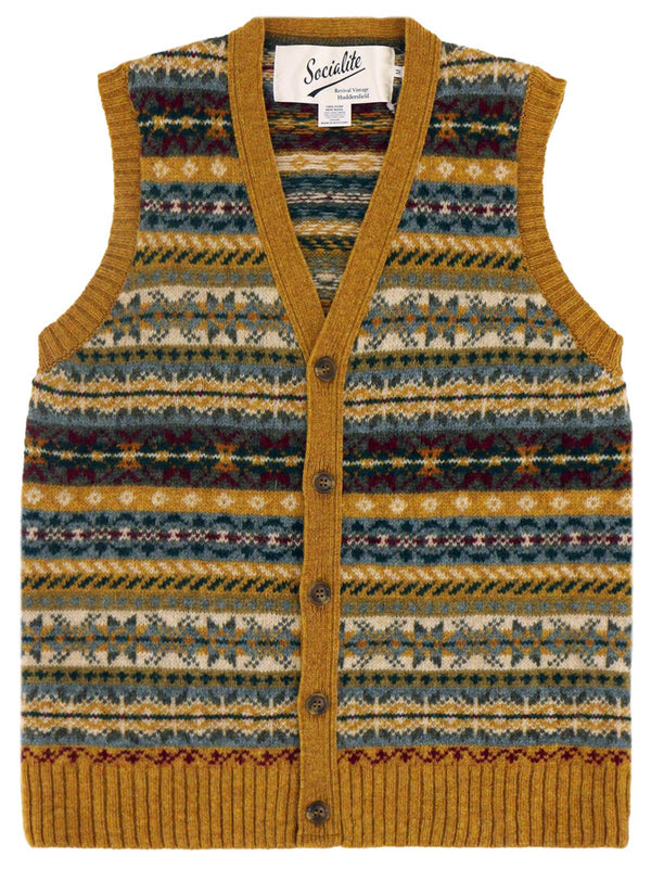 Scottish Wool Buttoned Fairisle Tank Top in Cumin Orange