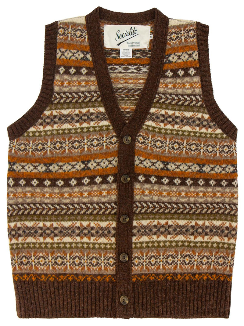 Scottish Wool Buttoned Fairisle Tank Top in Coffee Brown