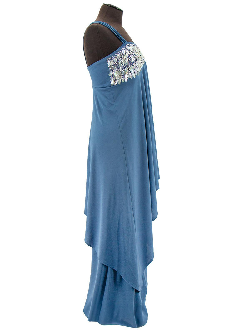 Vintage Teal Asymetric Sequin Maxi Evening Dress