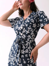 1940s Inspired Navy Tiki Print Shirt Dress