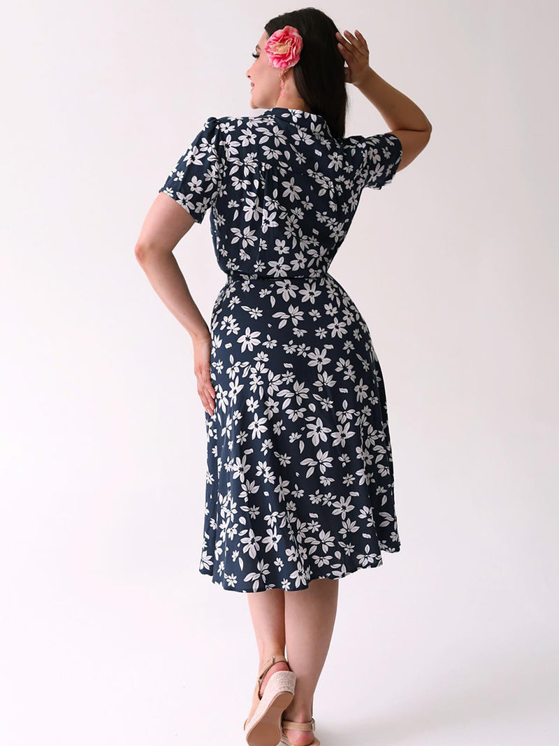 1940s Inspired Navy Tiki Print Shirt Dress