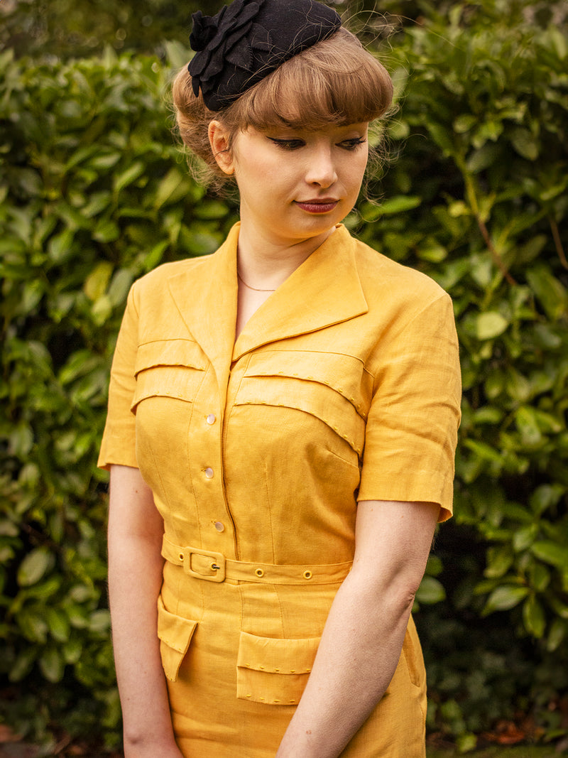 1940s Vintage Spirit Linen Dress in Honey Yellow