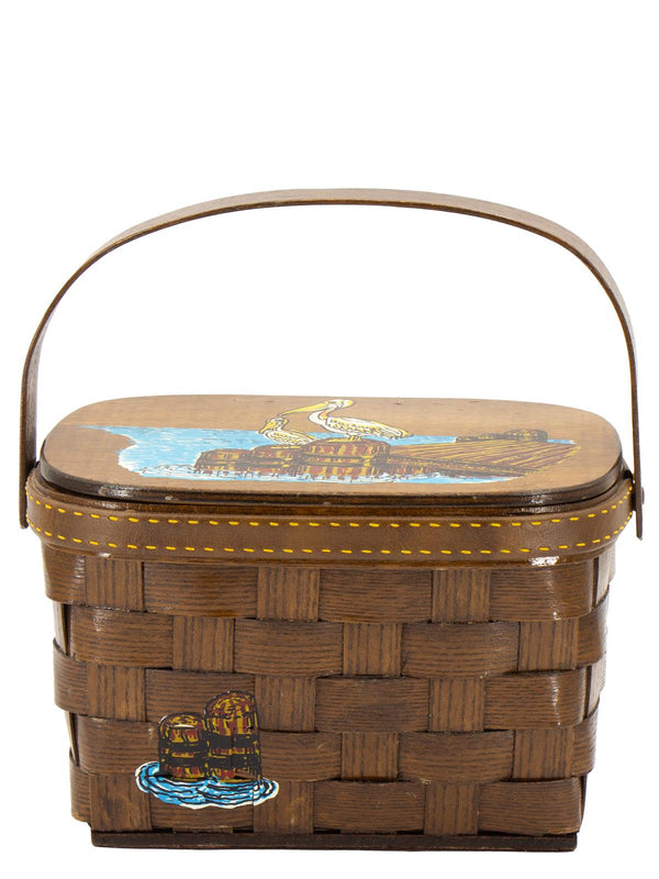 Vintage Wooden Basket Bag With Painted Pelicans