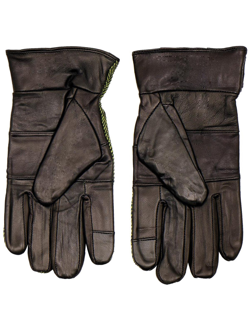 Genuine Leather & Green Wool Herringbone Gloves