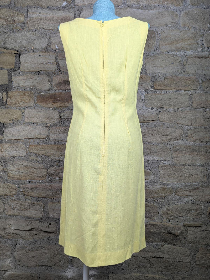 Vintage Lemon Slub Sleeveless Embroidered Linen Dress