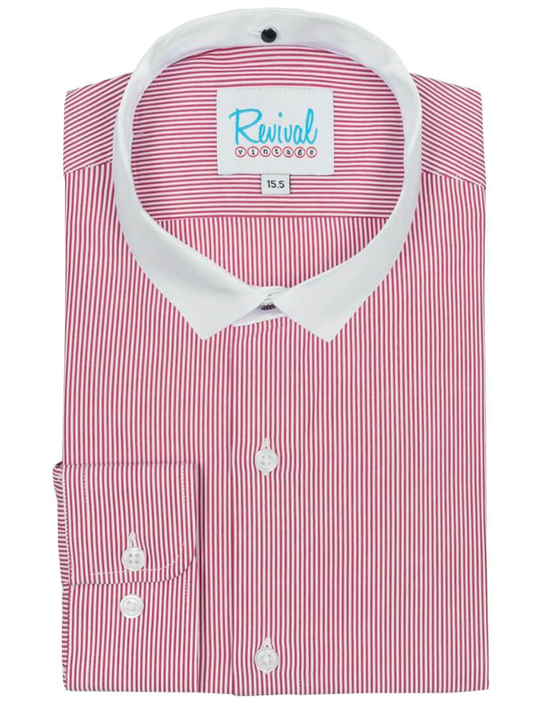 Red Stripe Collarless Grandad Shirt with Detachable Bankers Collar