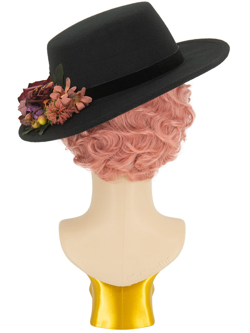 Black Felt Vintage Style Hat Floral Trim