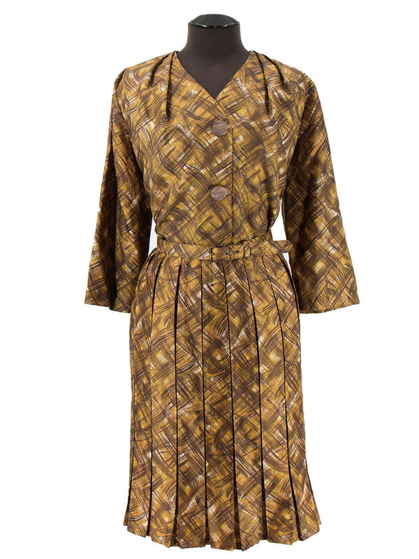 Vintage 1960s Tricel Bronze Crosshatch Shirt Dress