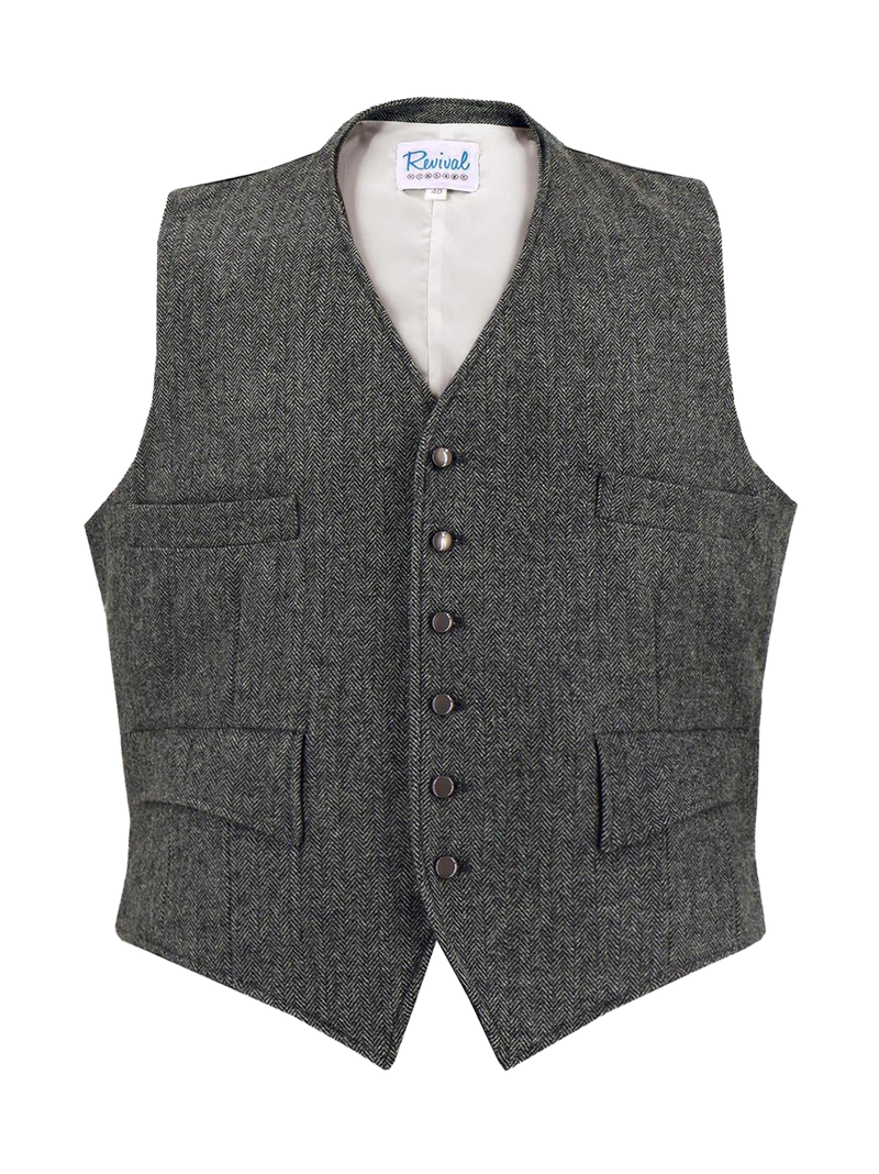 1940s Vintage Granville Herringbone Wool Waistcoat in Grey Chest 38