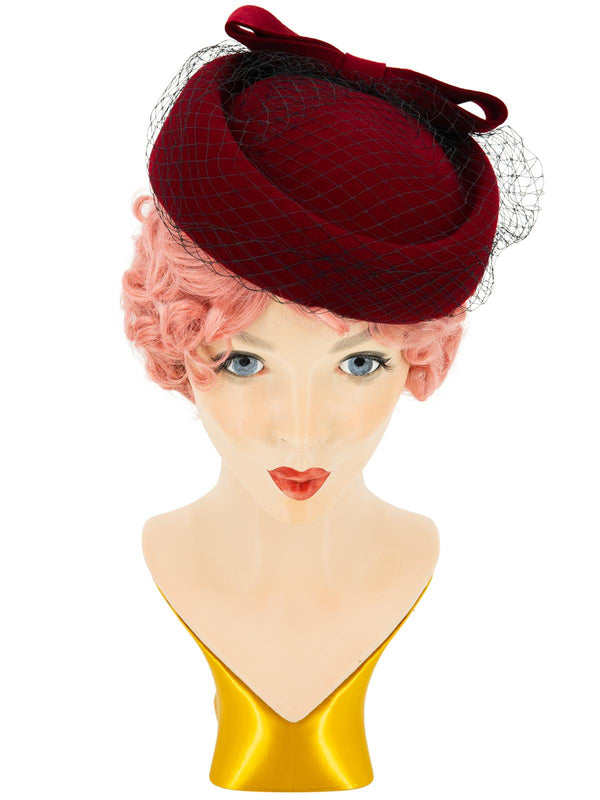 Vintage Style Deep Red Bow Trim Hat