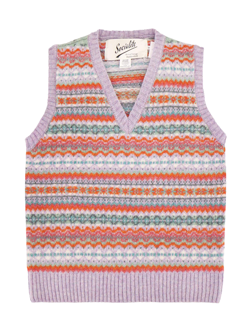 Pure Scottish Wool Fairisle Knit Tank Top in Confetti Lilac