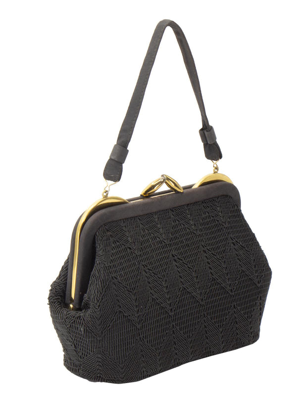 1940s Black Textured Cordé Frame Bag