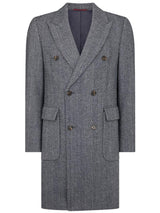 Navy Blue Herringbone Vintage Style Wool Overcoat