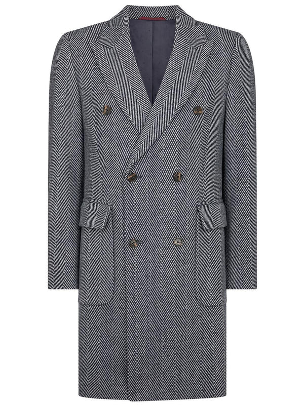 Navy Blue Herringbone Vintage Style Wool Overcoat