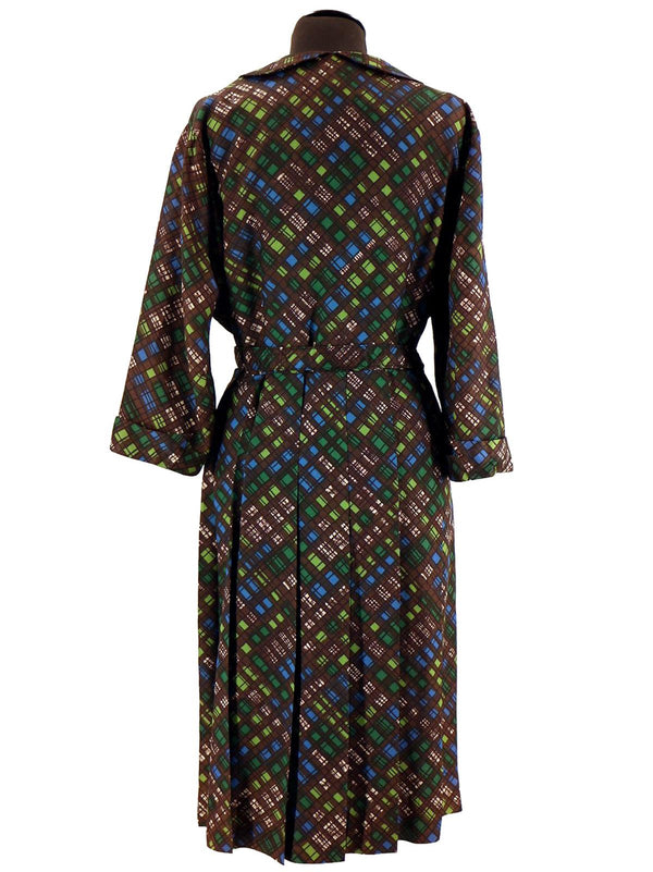 Brown Grid Print 1940s Vintage Dress