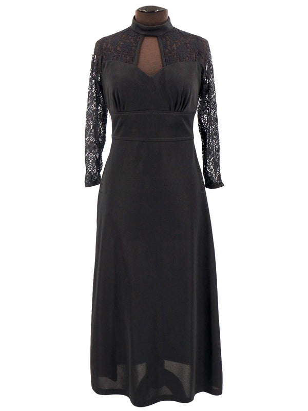 True Vintage Black 1970s Dress With Lace Sleeves