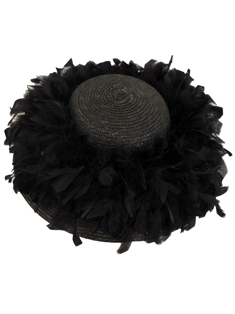 Vintage Black Straw Hat with Feather Trim