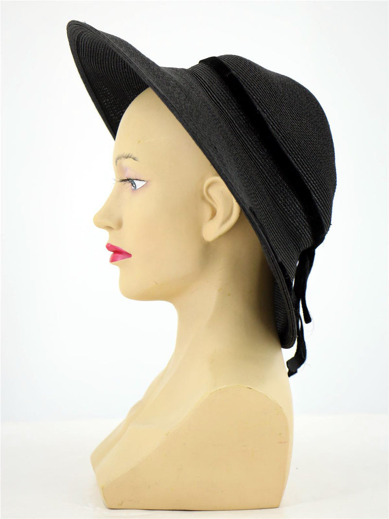 Vintage 1940s Black Halo Hat with Velvet Bow Decor