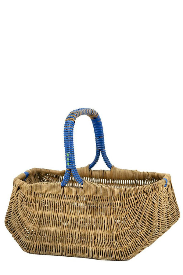 Vintage 1950s Wicker Grocery Basket Blue Trim