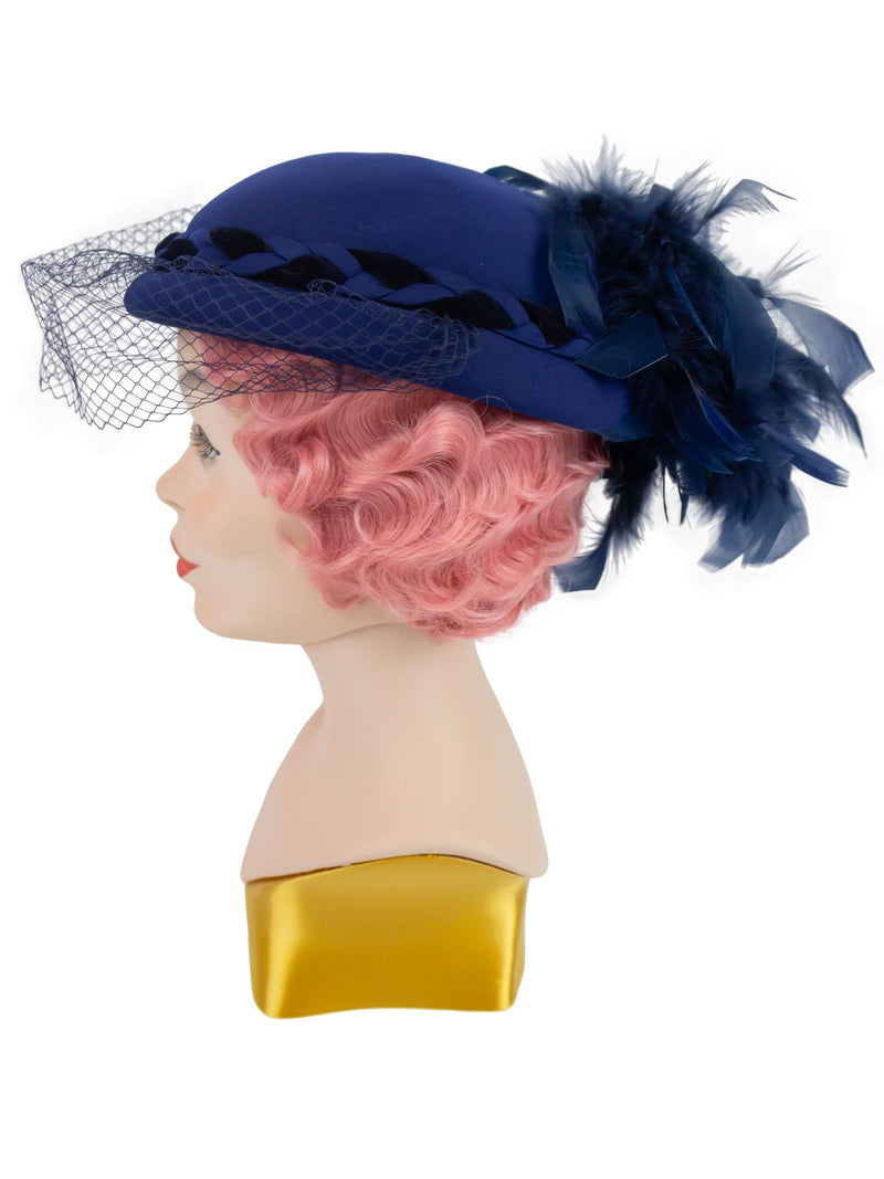 Vintage 1980s Pillbox Navy Feather Trim Hat