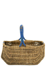 Vintage 1950s Wicker Grocery Basket Blue Trim