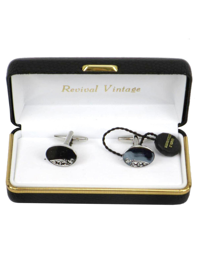 Vintage Style Oval Engraved Rhodium Cufflinks