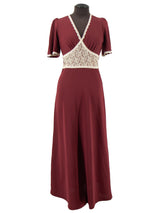 Vintage 1970s Lace Trimmed Maroon Maxi Dress