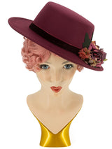 Felt Vintage Style Hat Floral Trim  In Burgundy