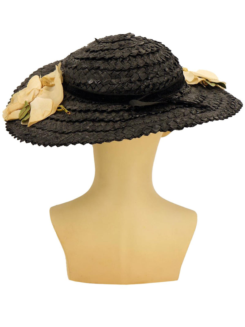 Vintage 1940s Black Floral Straw Hat