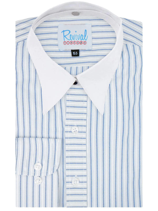 White Detachable Spearpoint Shirt - Navy Blue Orton Stripe