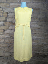 Vintage Lemon Slub Sleeveless Embroidered Linen Dress