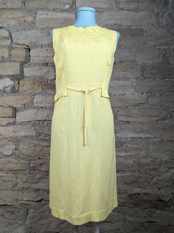 Vintage Lemon Slub Sleeveless Embroidered Linen Dress