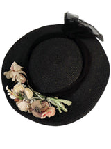 1930s Vintage Black Straw Hat with Floral Decor