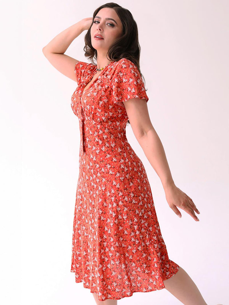 1940s Look Orange Ditsy Floral Tea Dress