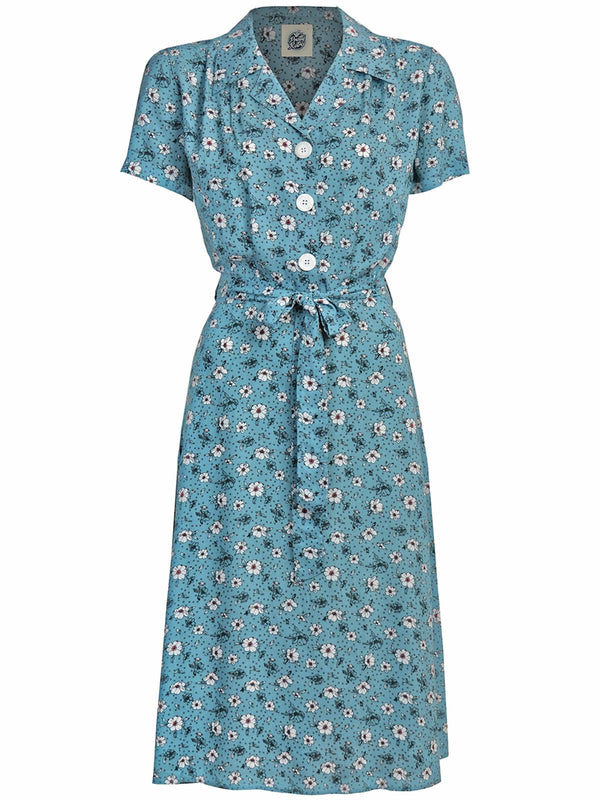 1940s Inspired Blue Ditsy Floral Shirt Dress