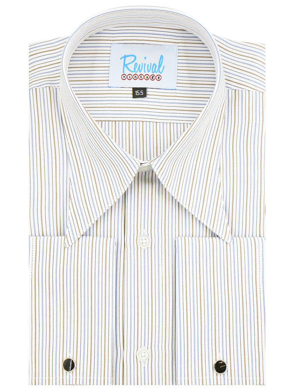 1940s Spearpoint Collar Shirt - Brown & Blue Windsor Stripe - French Cuff