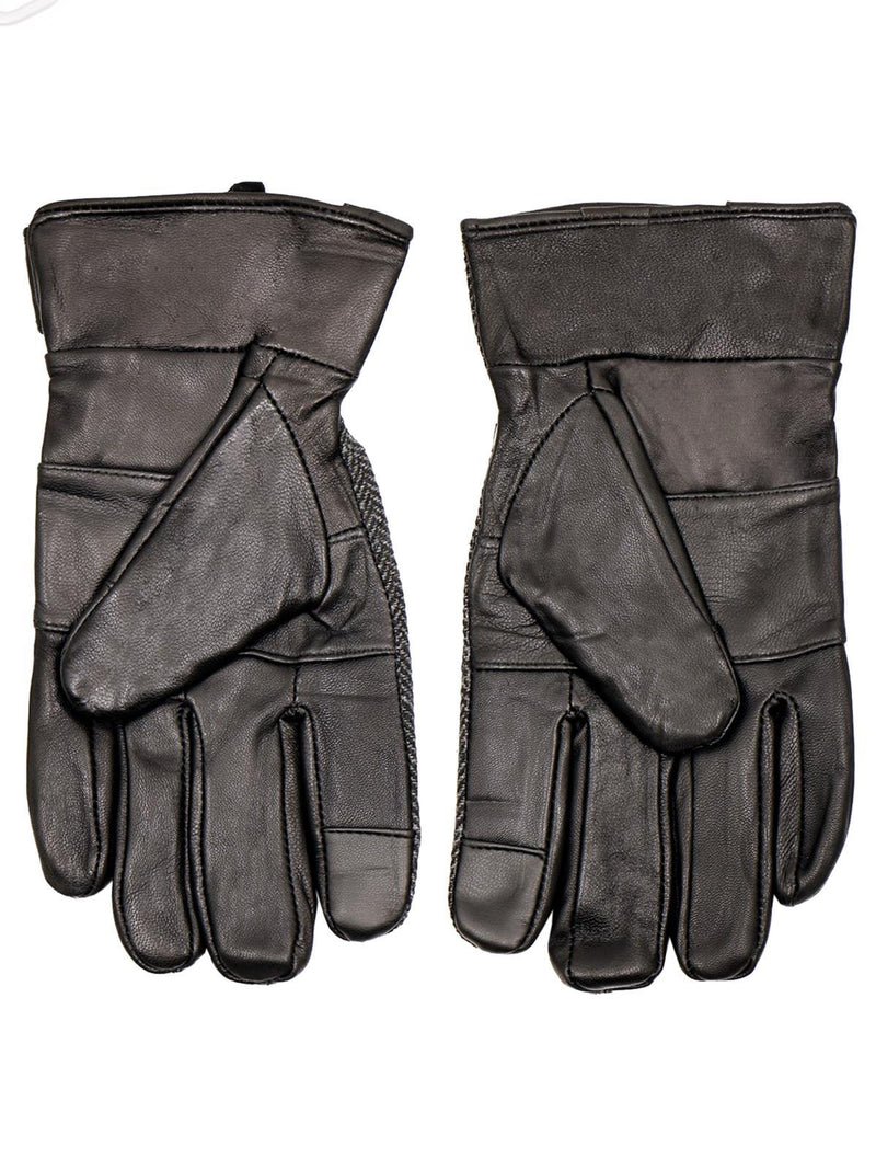 Genuine Leather & Grey Wool Herringbone Gloves
