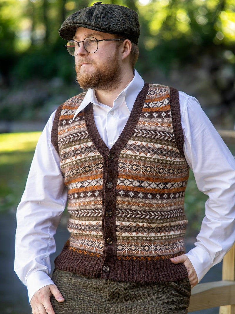 Scottish Wool Buttoned Fairisle Tank Top in Coffee Brown