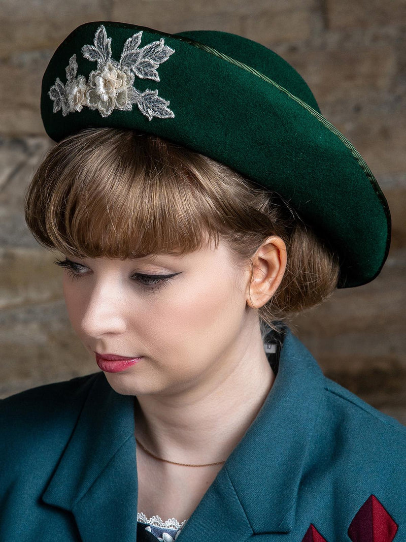 Green Floral Applique 1940s Vintage Style Halo Hat