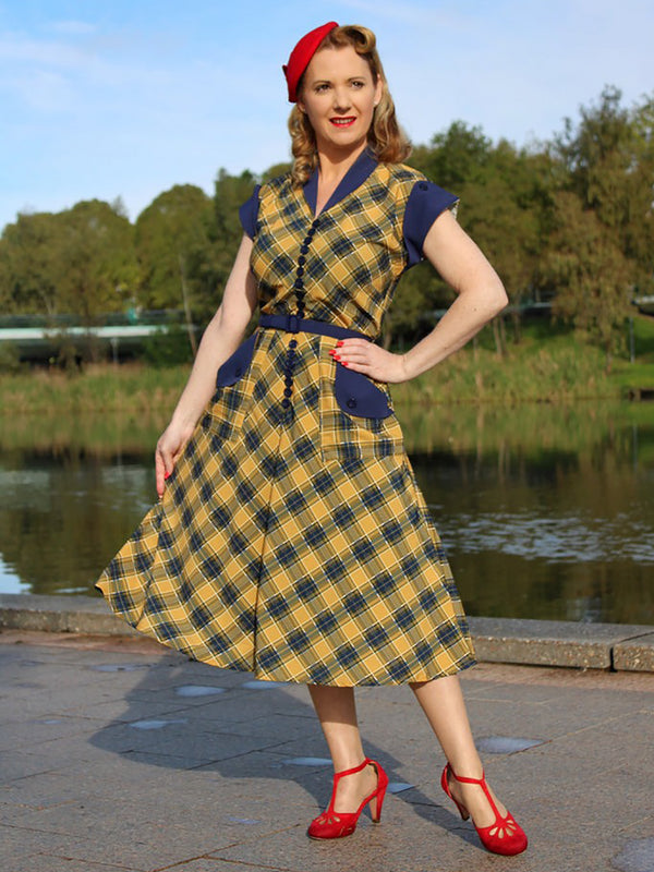 Vintage 40s Style Mustard & Navy Check Day Dress