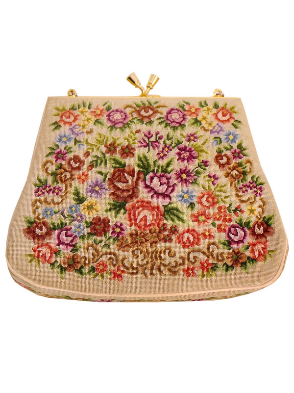 Beige Vintage Floral Petit Point Small Bag