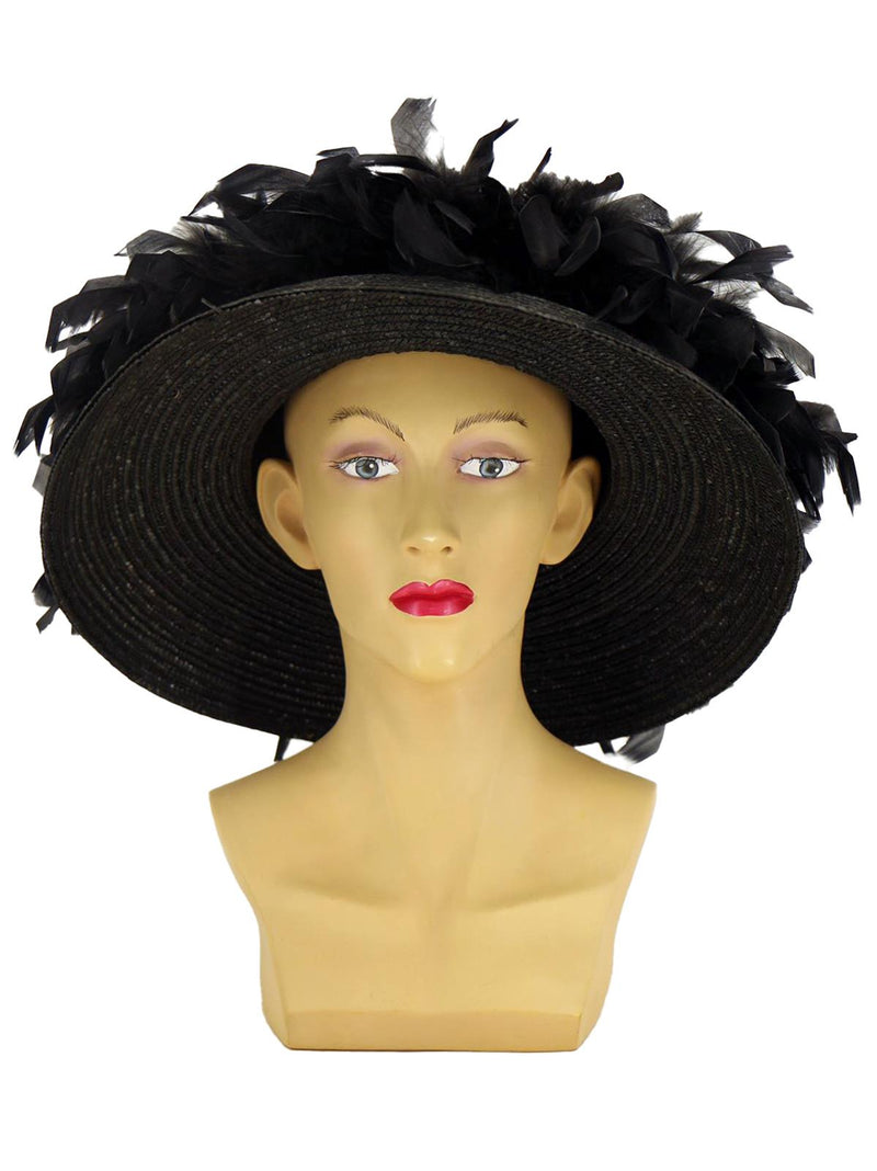 Vintage Black Straw Hat with Feather Trim