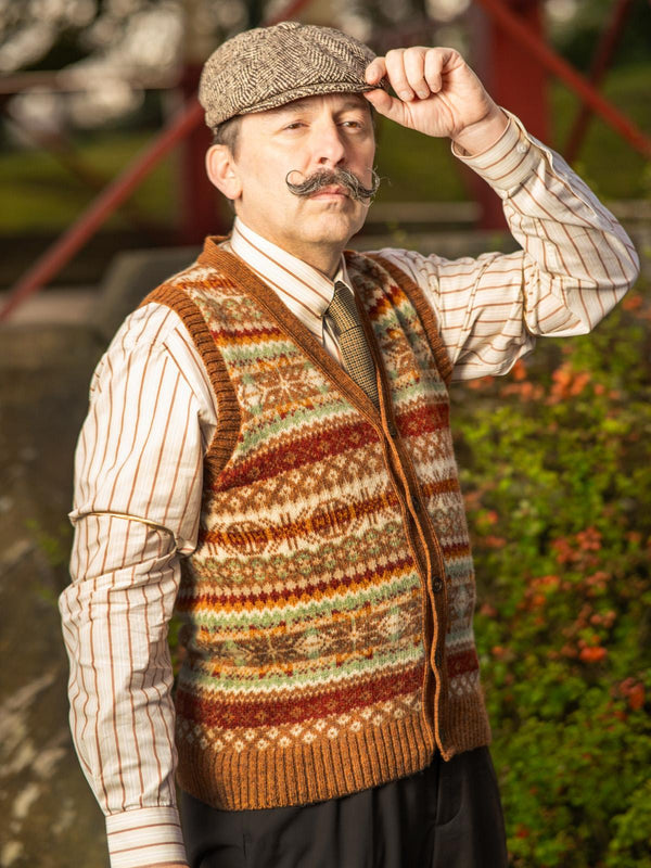 Scottish Wool Buttoned Fairisle Tank Top in Sienna Brown