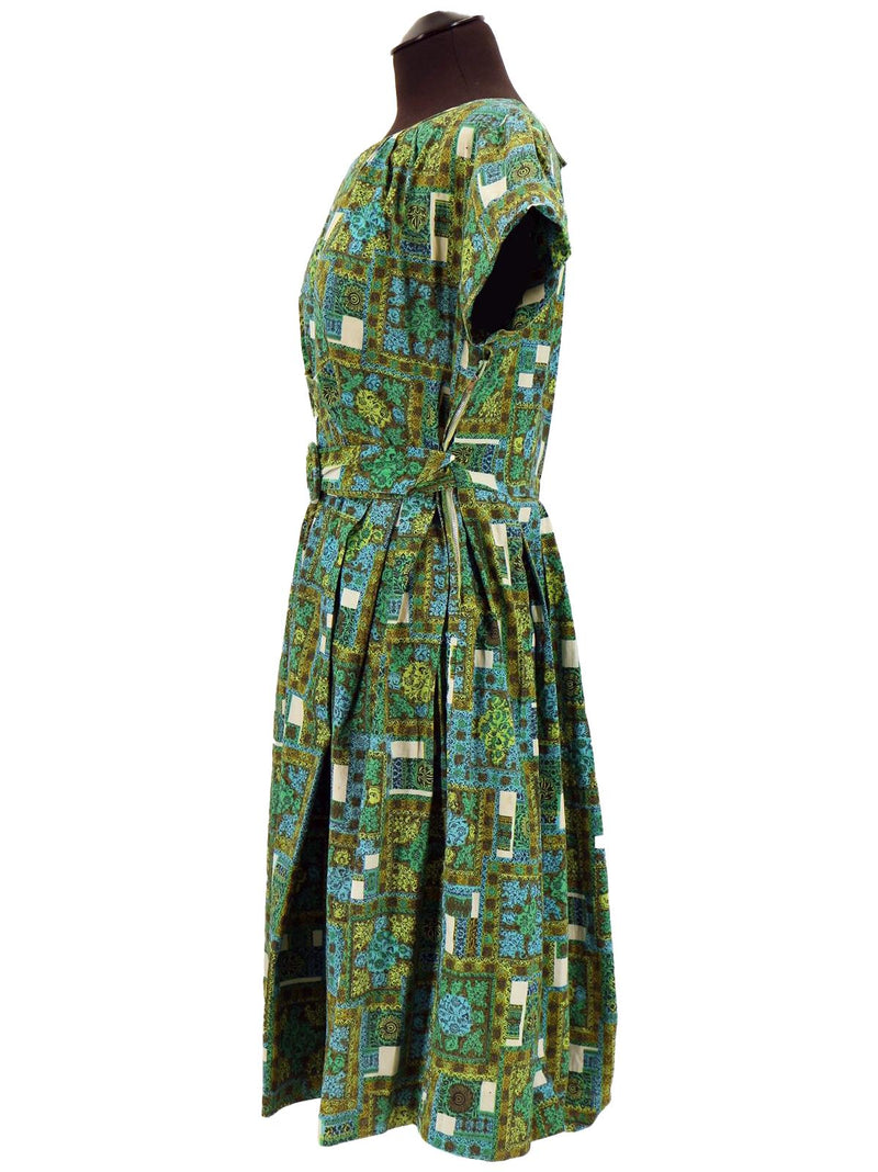 True Vintage Green Square Pattern Fifties Dress